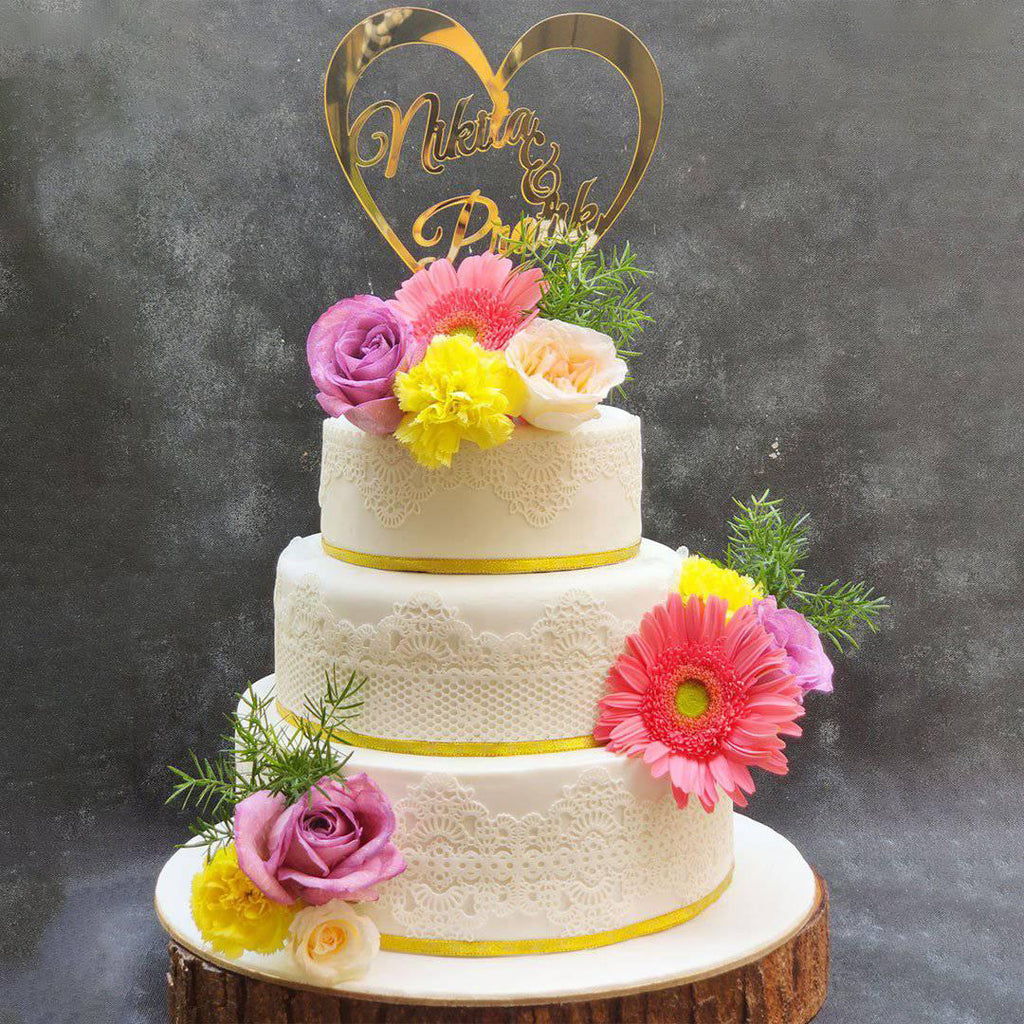 3 Tier Lace Wedding Cake with Custom Topper - Crave by Leena