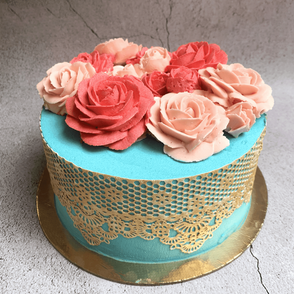 Buttecream Floral and Gold Lace Cake - Crave by Leena