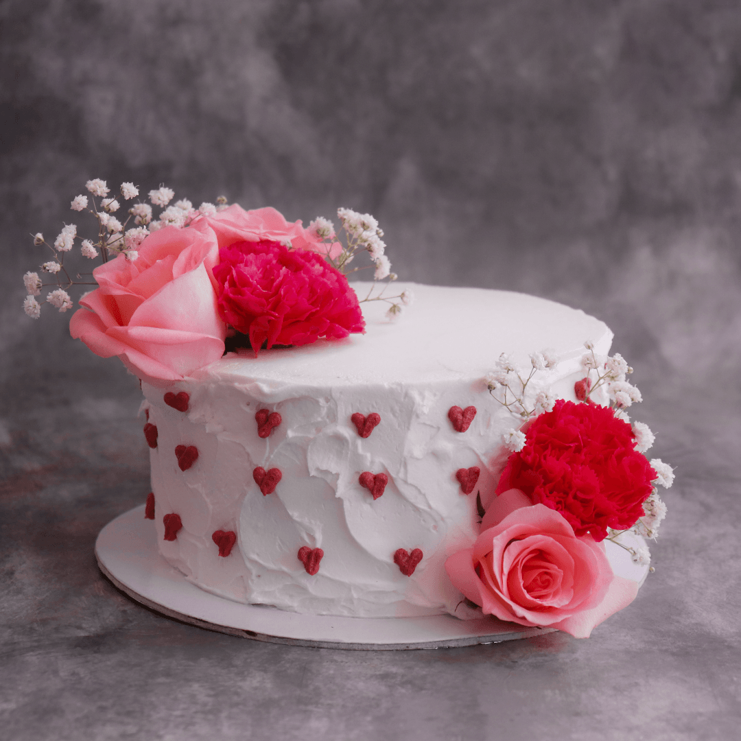 White Floral Hearts Cake With Roses | Vegan Cake Bangalore – Crave by Leena