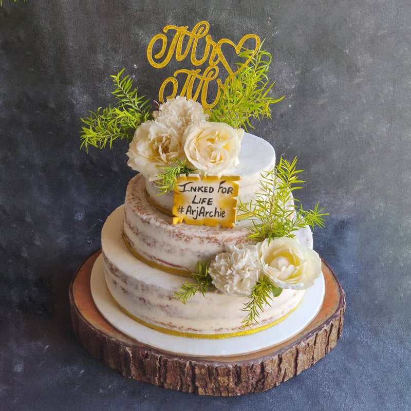 Naked Floral Engagement/Wedding Cake with Topper - Crave by Leena