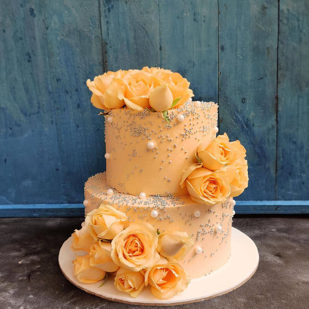 Chip Tier Two-Tier Peach Rose Wedding Cake | Vegan Cake Bangalore – Crave by Leena