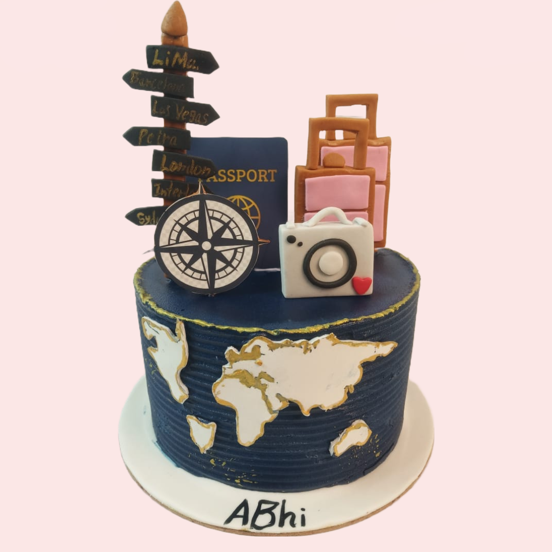 Word Map Theme Navy World Map Travel Cake | Vegan Theme Cake in Bangalore – Crave by Leena