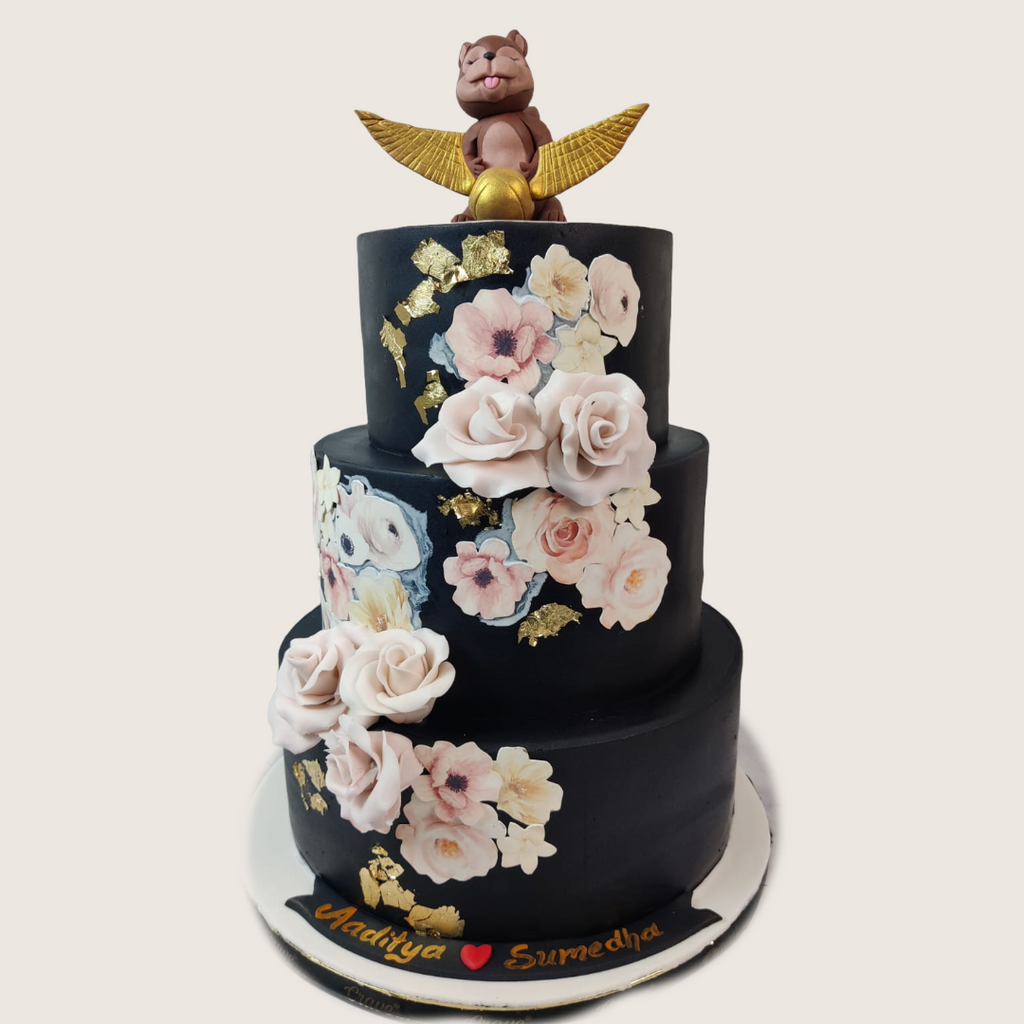 Three Tier BLack and Gold Theme Cake - Crave by Leena