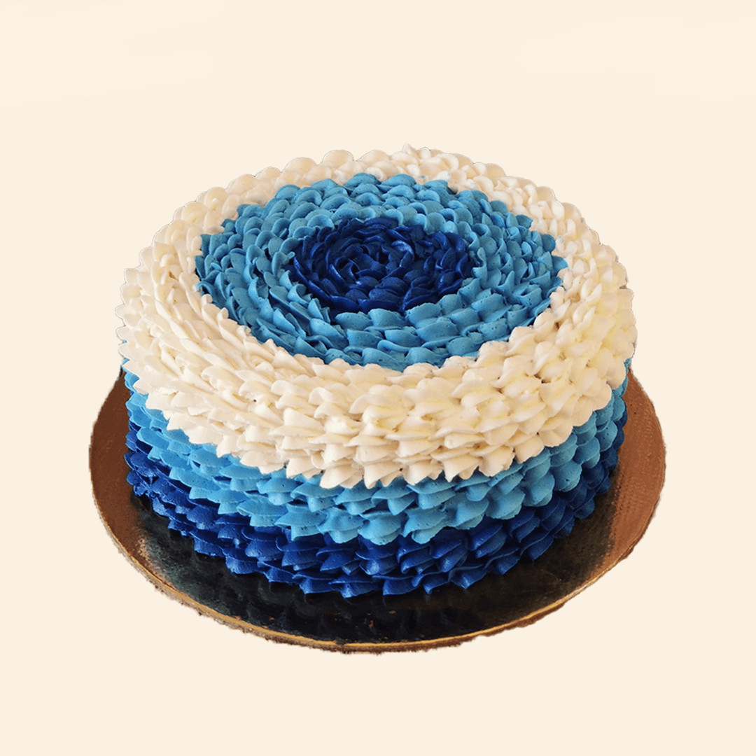 Premium AI Image | A blue and white cake with a floral design on the front.