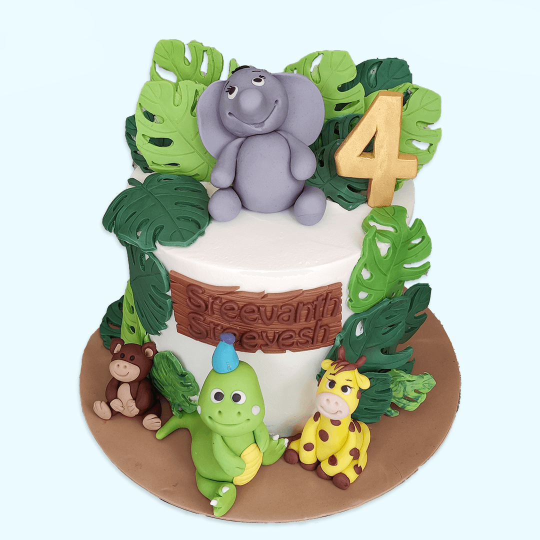 Jungle Animals Monstera Leaf Cake | Vegan Cake Bangalore – Crave by Leena