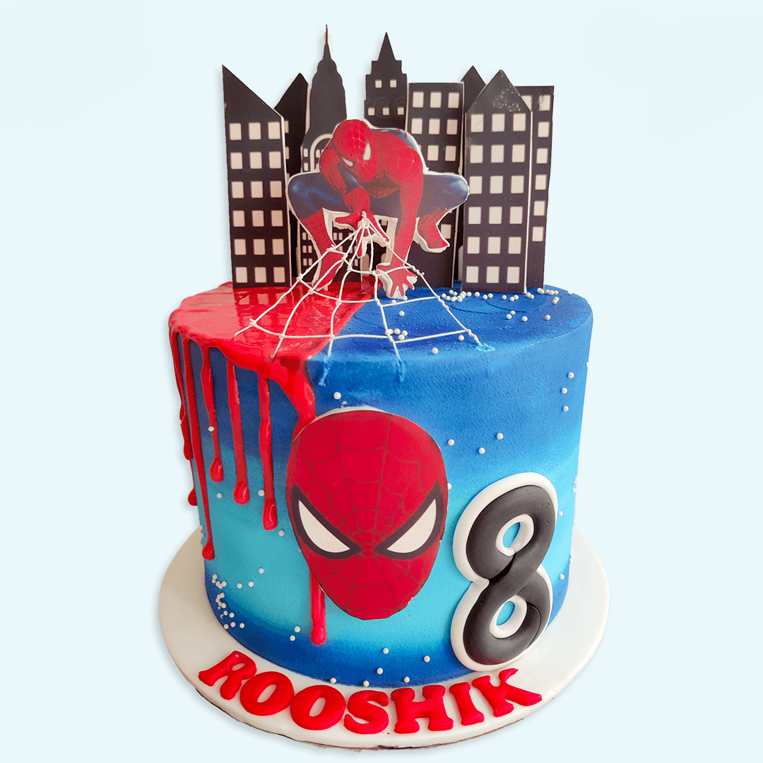 Choco Swing Blue Ombre Spiderman Skyline Cake | Vegan Cake Bangalore – Crave by Leena