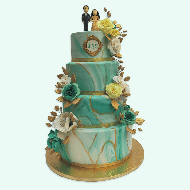 Teal Floral 4 Tier Wedding Cake - Crave