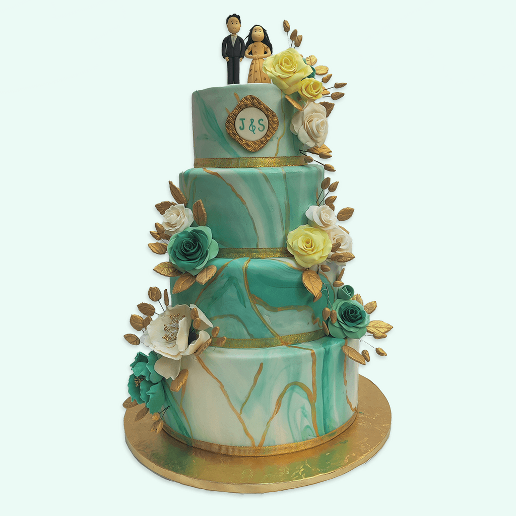 Teal Floral 4 Tier Wedding Cake - Crave